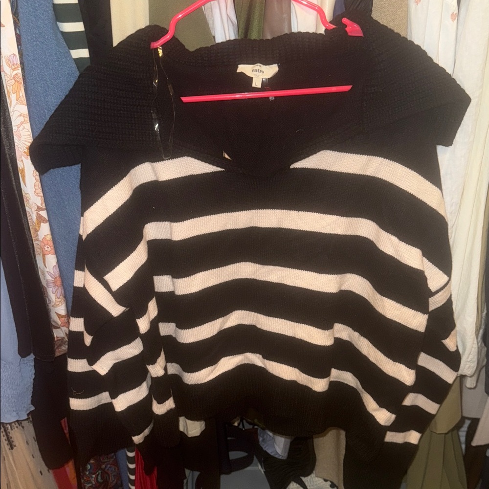 Entro Black and White Striped Cowl Neck Sweater